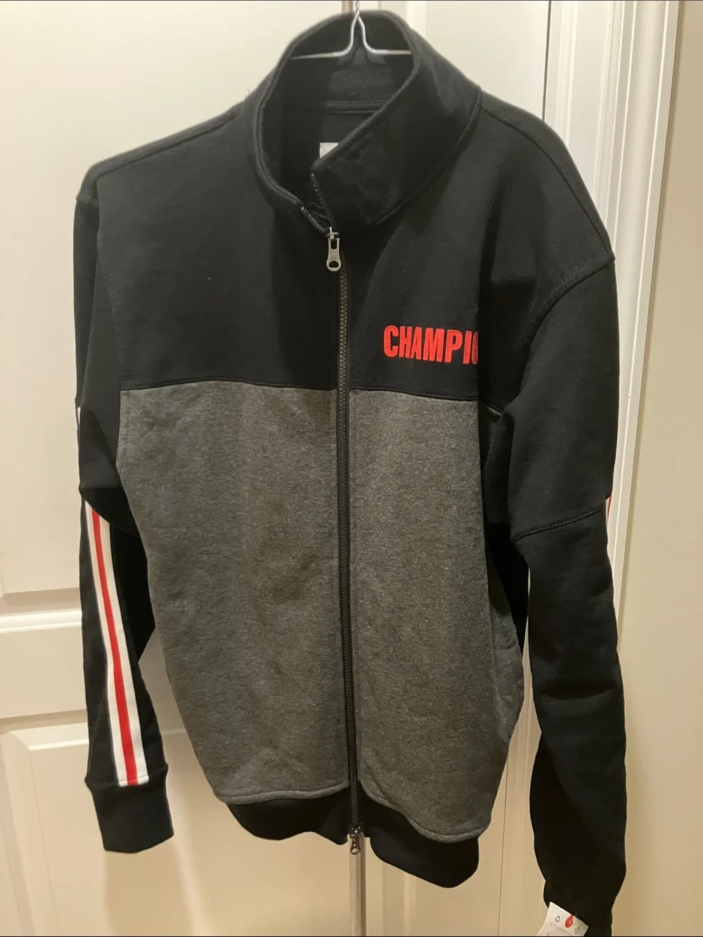Champion Two-Tone Black and Gray Zip Jacket with Red Logo (Men)